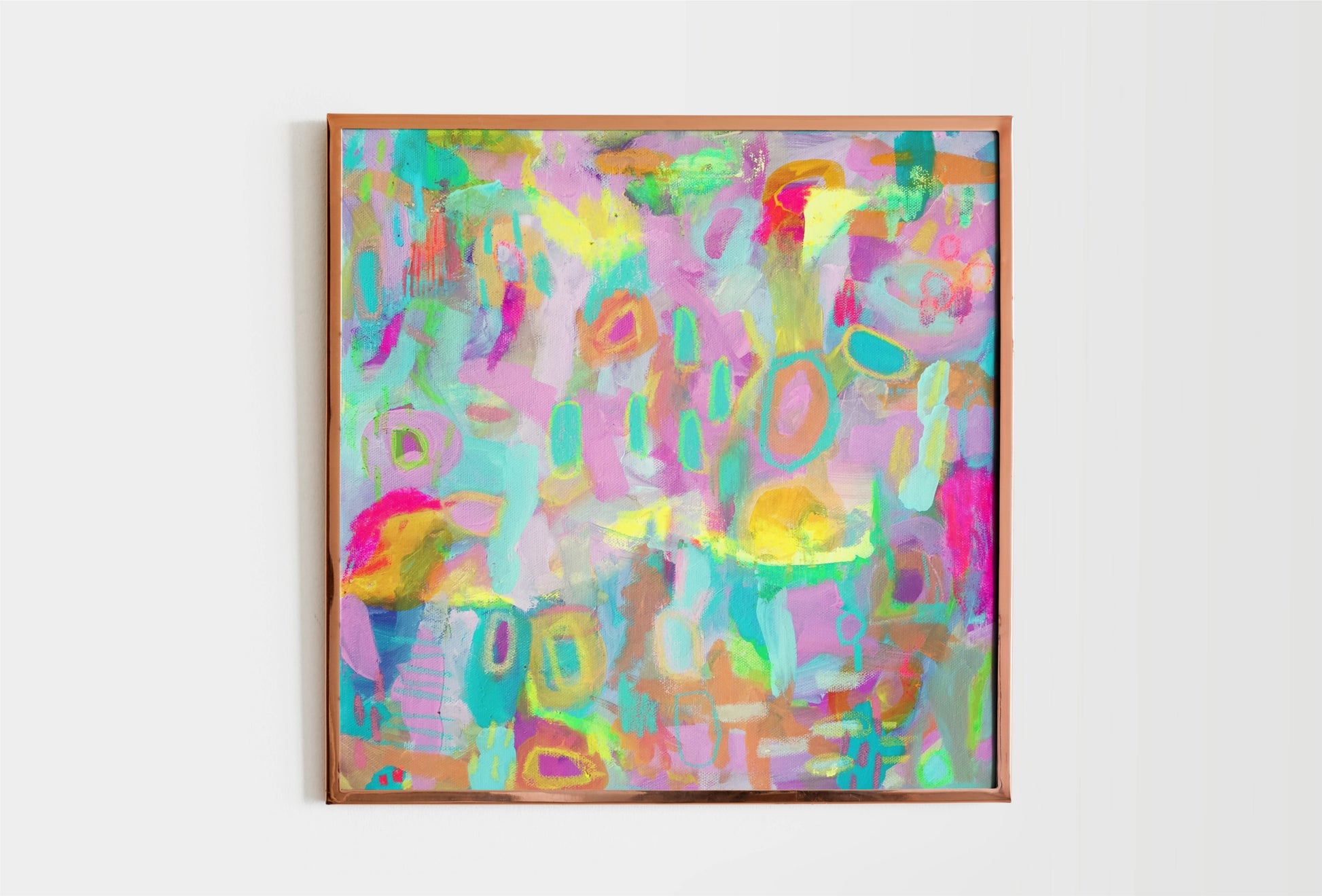 Bright abstract artwork with bold circular shapes and vivid multi-color palette