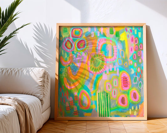 bright colorful abstract painting print, bold pastel colors, shapes, modern square print of original painting by Evelyn La Starza