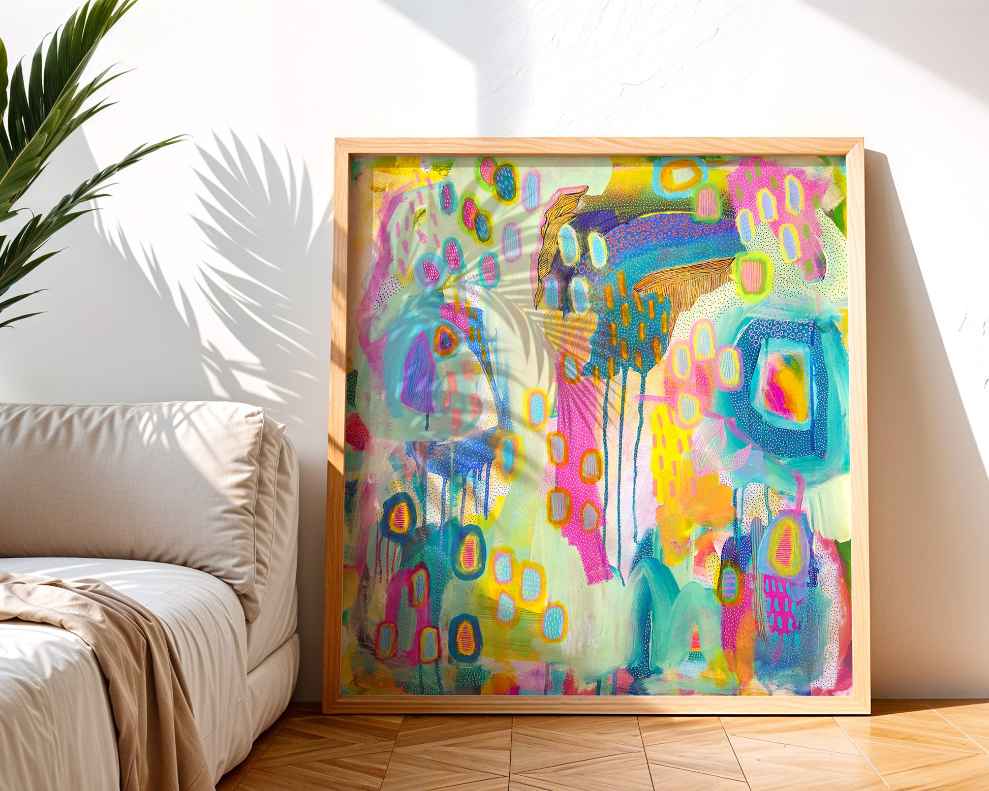 Bold abstract mixed media painting with expressive textures and bright vivid colors